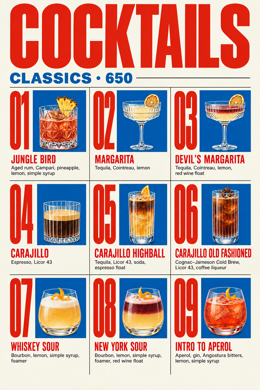 Soul Cocktail Bar Classics menu with nine cocktails priced at 650