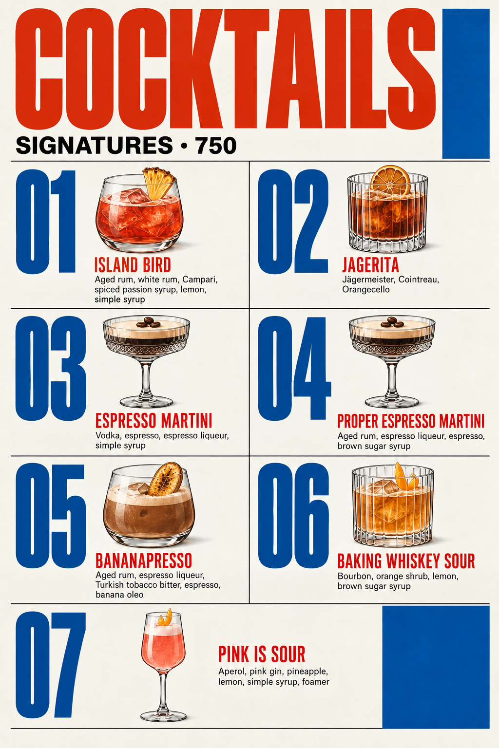 Soul Cocktail Bar Signatures menu with seven cocktails priced at 750