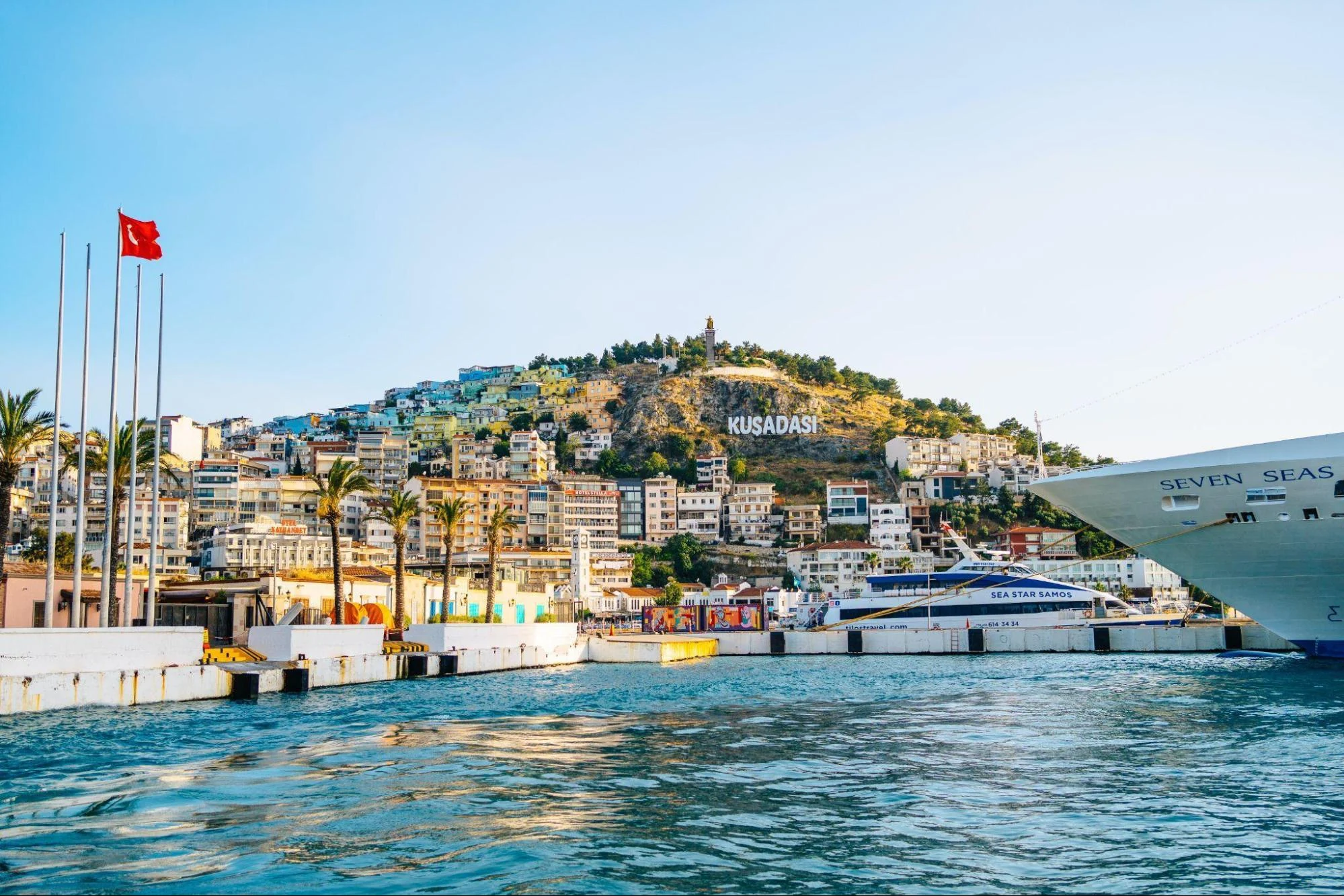 Kuşadası harbor and town beside the Aegean