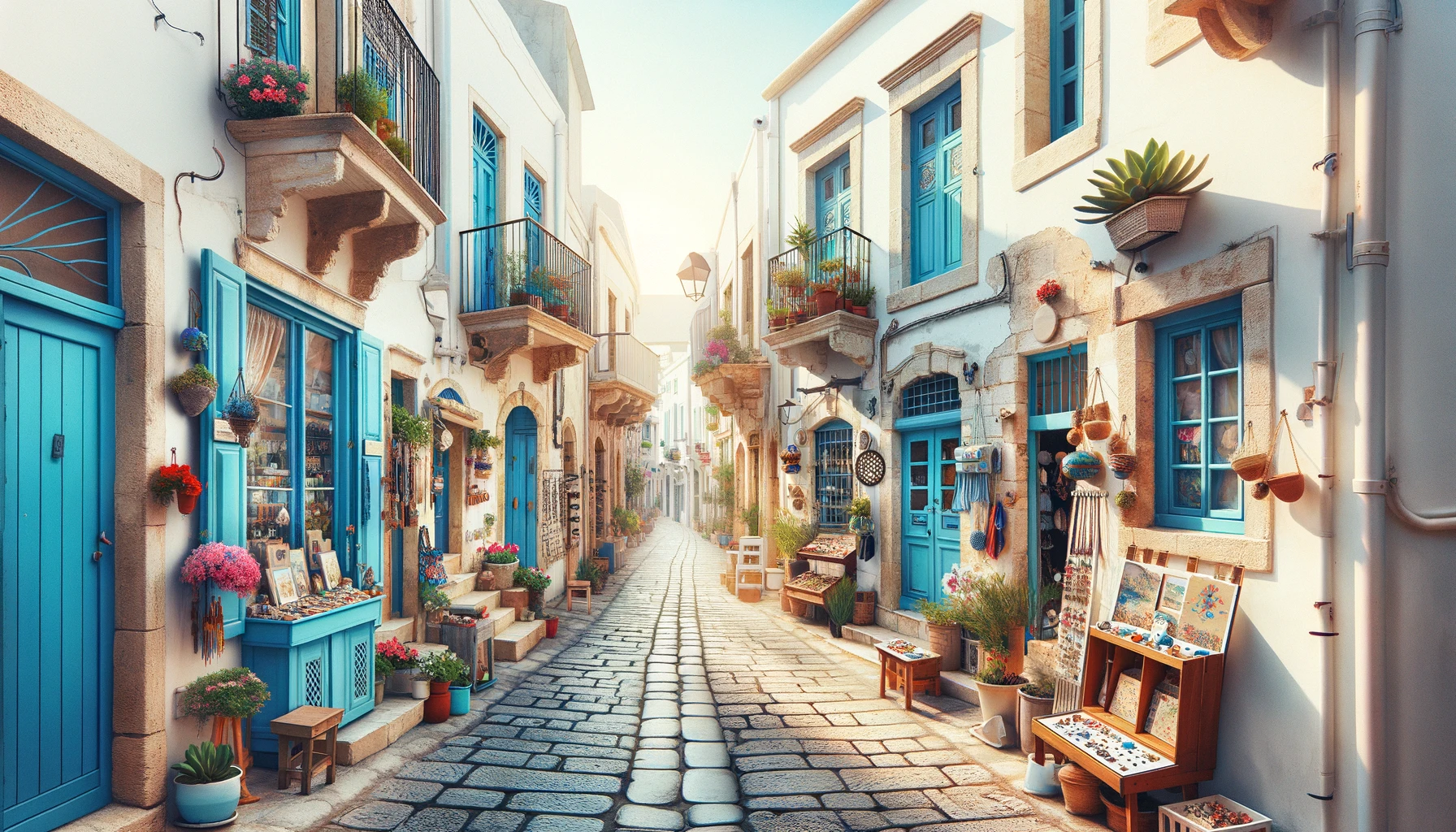 Illustration of a sunlit bazaar street with small shops