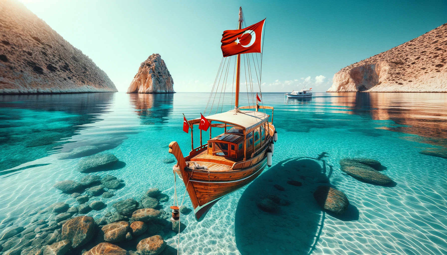 Kuşadası kıyısında Ege Denizi ve gezi teknesi